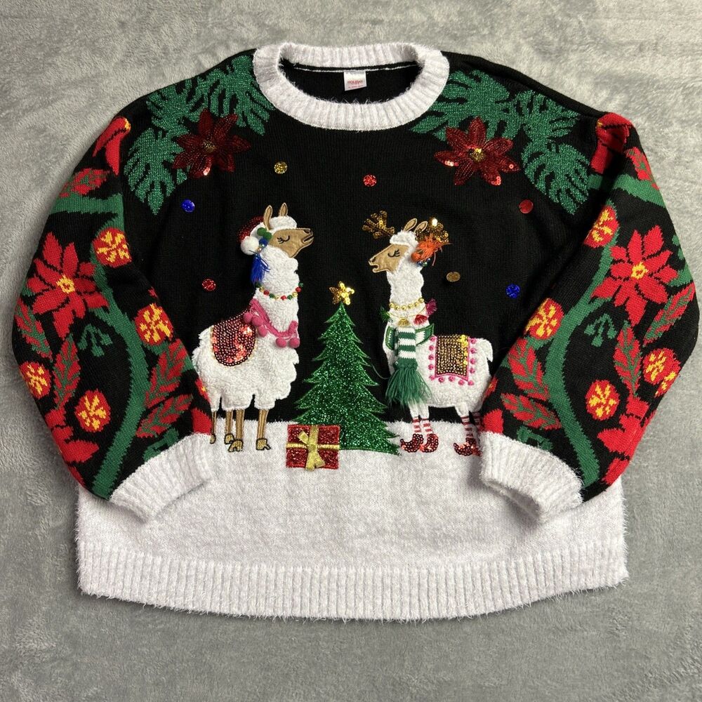 Holiday Time Womens Ugly Christmas Sweater Llama Alpaca Sz. 1X Black